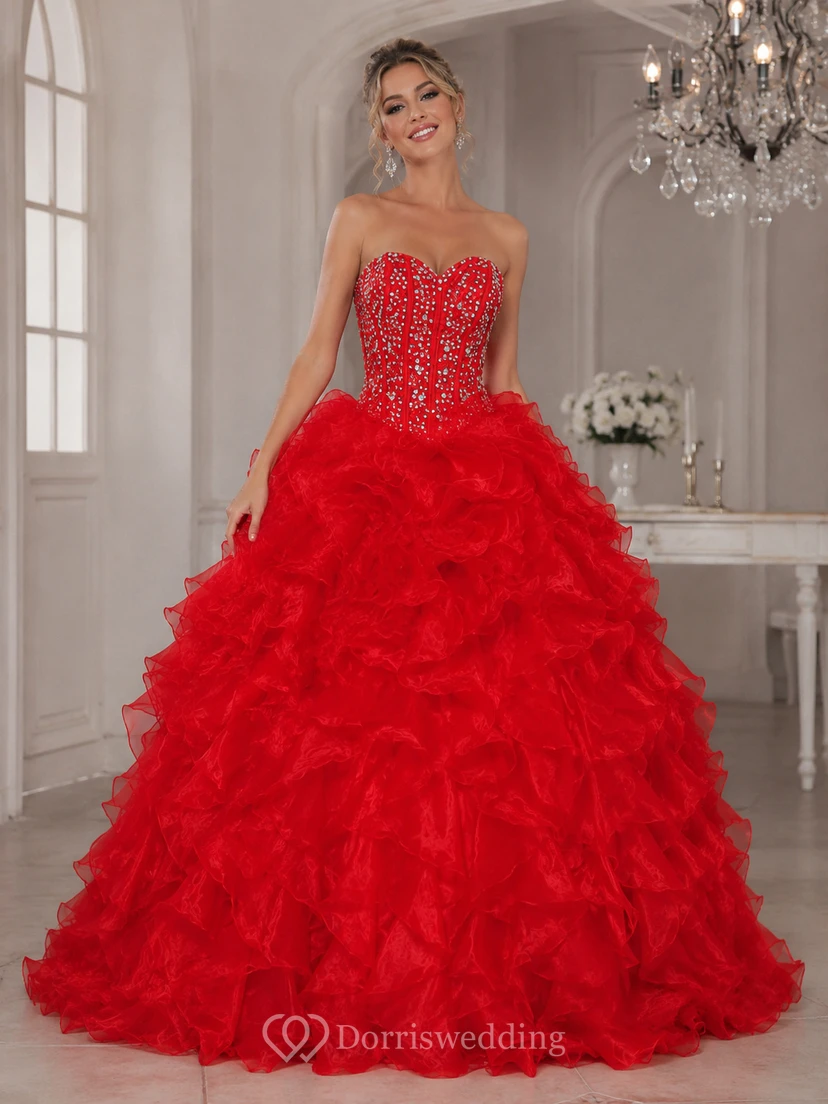 Ball Gown Floor-Length Bell Beading Ruffles Corset Back Lace Organza Dress