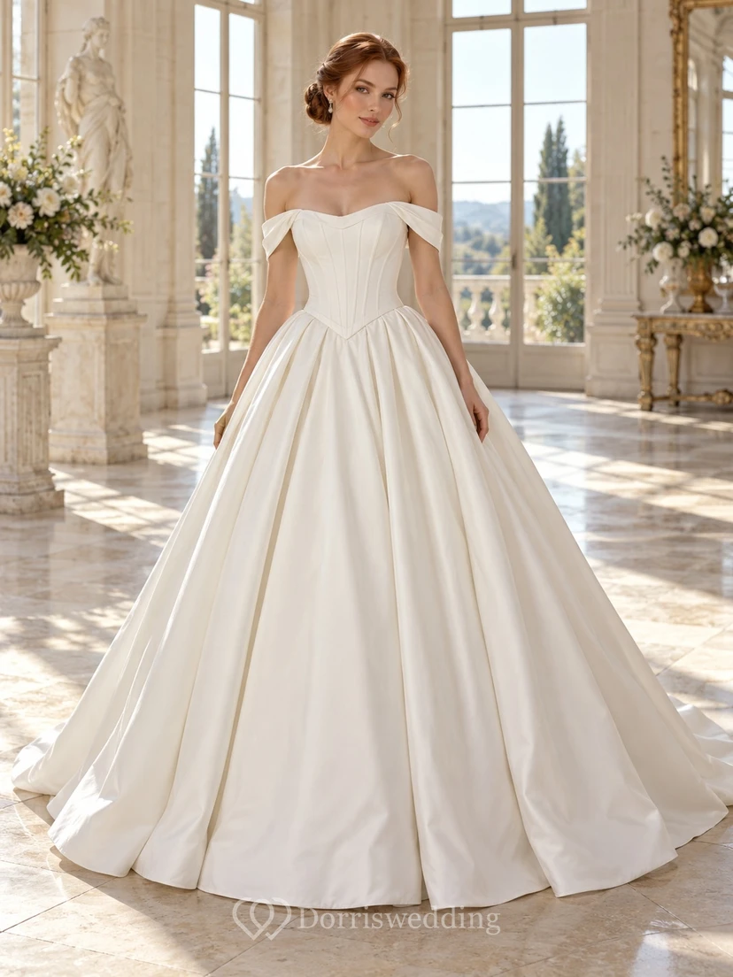 Vestido de novia sencillo, estructurado, con pliegues, hombros descubiertos, manga corta y lazo, confeccionado en satén de algodón, corte en A y largo hasta el suelo.