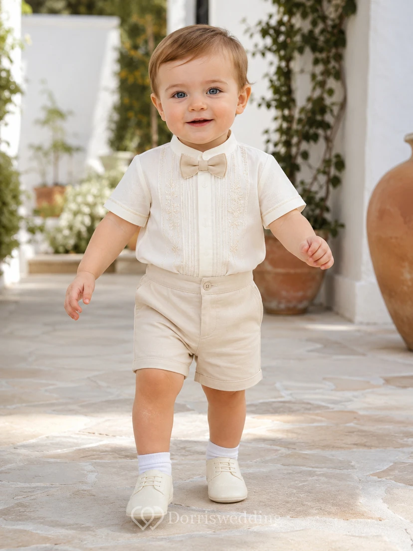 Ensemble short de baptême bébé garçon ivoire à manches courtes et nœud papillon