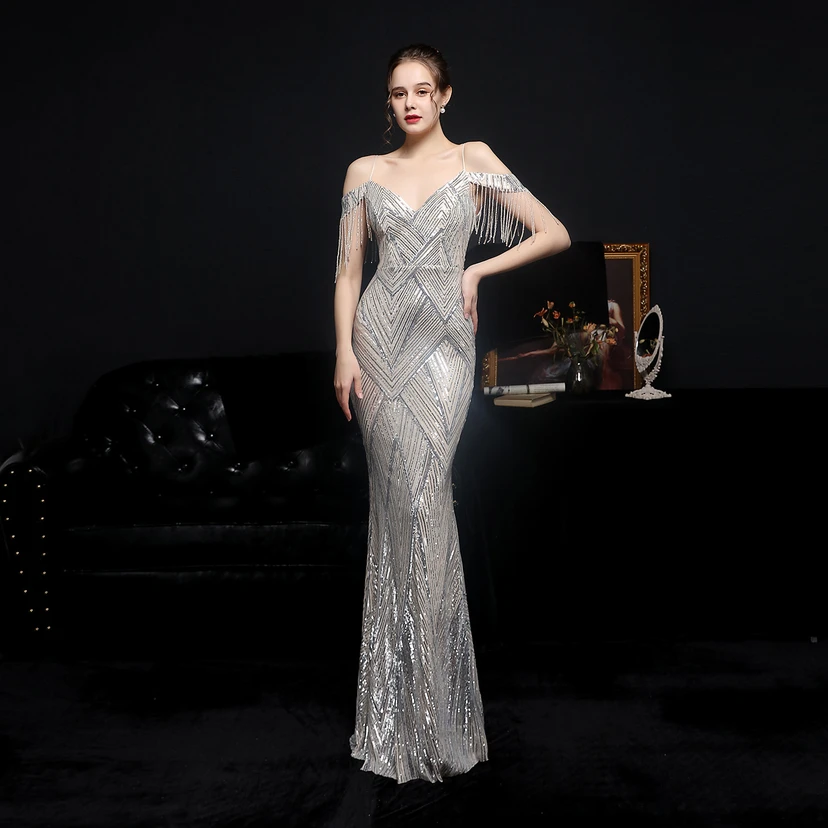 Sequined Fishtail Long Dress Performance Internet Celebrity Event Banquet Car Model Etiquette Evening Dress view 38