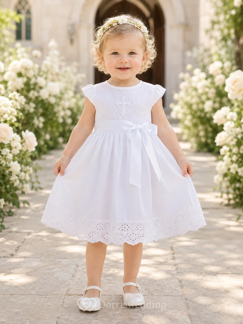 Simple Cotton Batiste Baby Christening A-Line Cap Sleeve Knee-Length Dress Adorable Casual