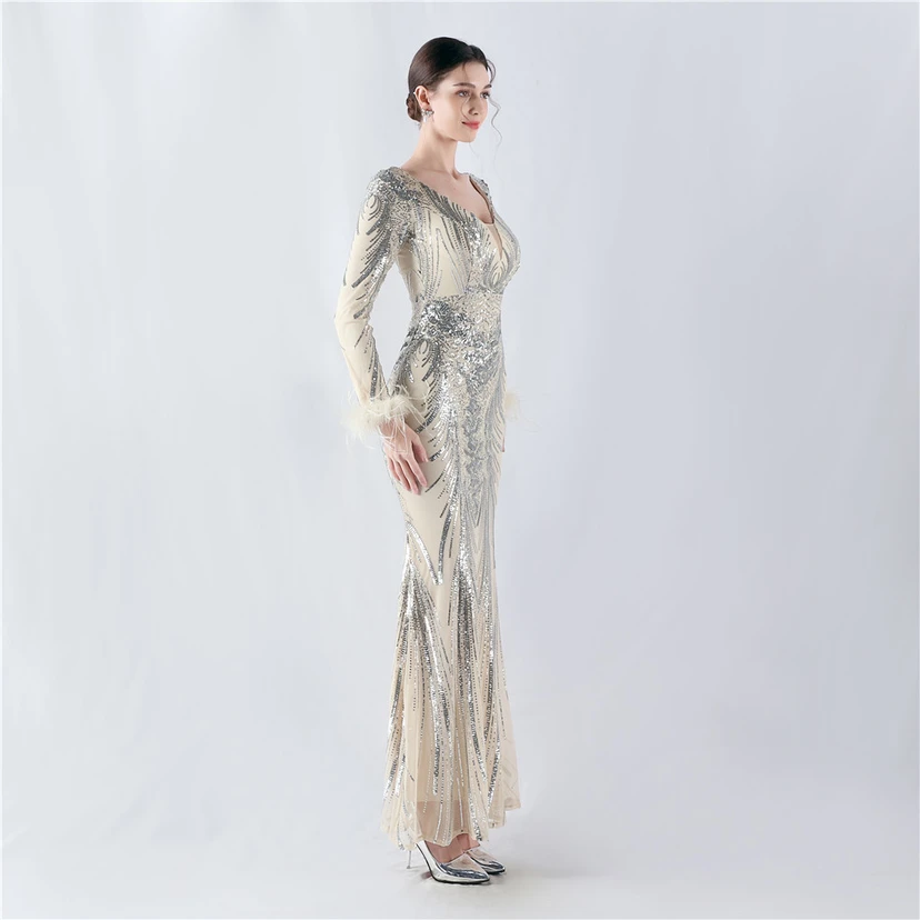 Robe de soirée haut de gamme ornée de perles florales fixes et de poils d'autruche, hôte de la réunion annuelle d'hiver view 4