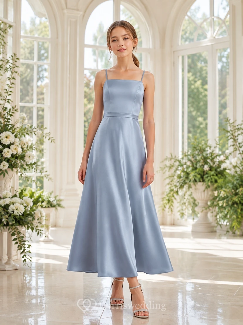 Stahlblaues Brautjungfernkleid für junge Mädchen, A-Linie, ärmellos, elegant