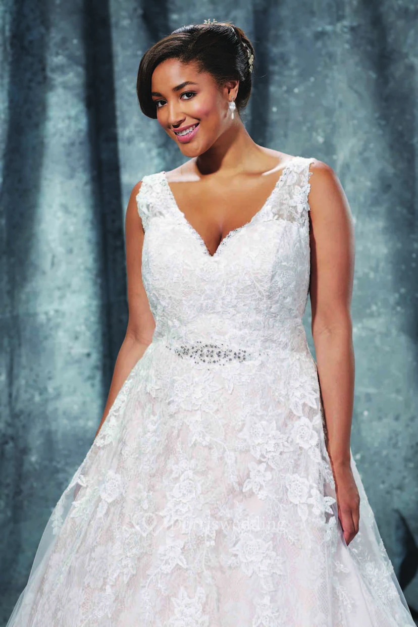 Ball Gown Floor-Length V-Neck Sleeveless Lace Sweep Train Lace-Up Back Appliques Dress view 3