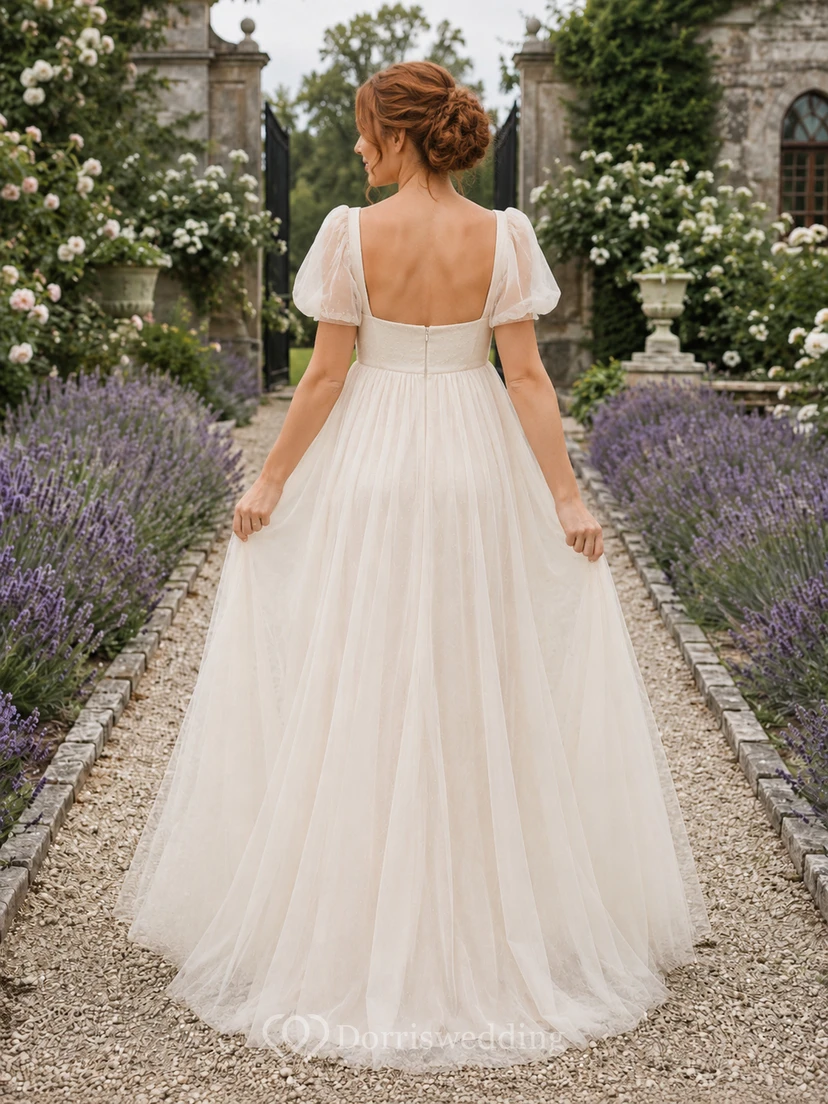 Umstands-Hochzeitskleid aus Tüll mit eckigem Ausschnitt, Puffärmeln und Umstandsmode view 2