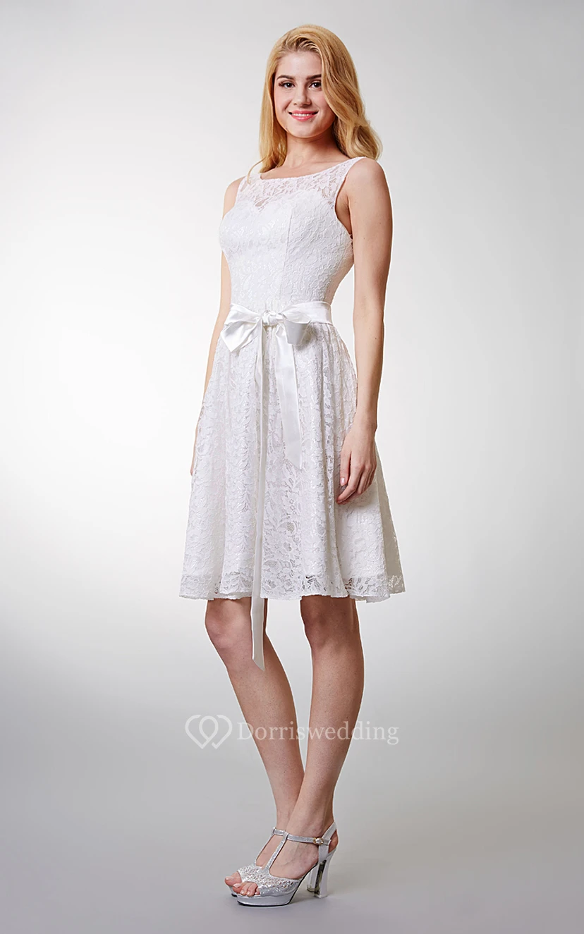 Lovely Sleeveless Short Lace Dress With Bow Sash view 9