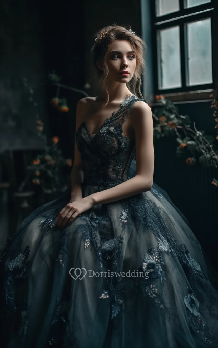 One-shoulder Tulle Ball Gown Floral Gothic Ink Blue Dress