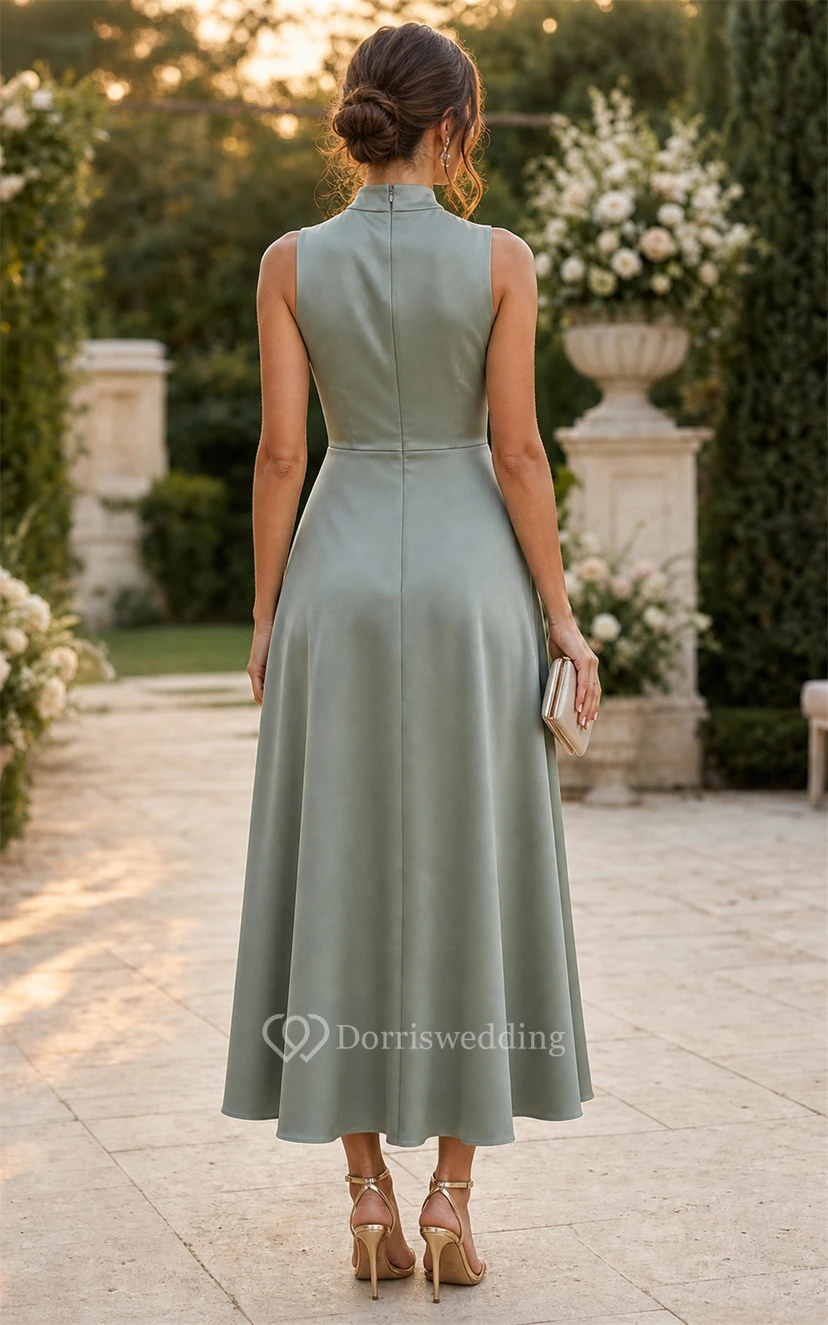 Sage High Neck Satin Tea-length A-Line Dress view 2