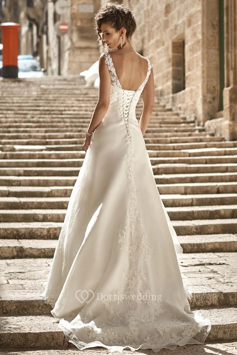 A-Line Appliqued V-Neck Long Sleeveless Satin & Lace Wedding Dress Styles With Side Draping view 2