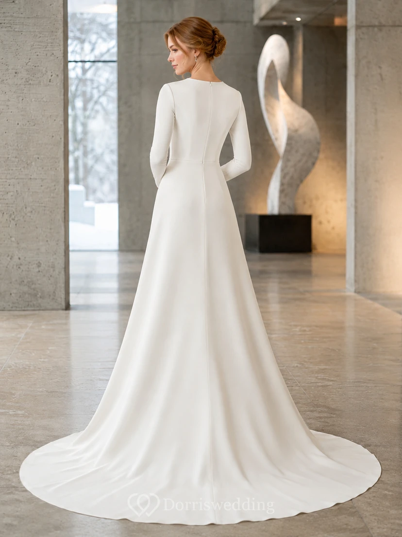 Winter Minimalist Bateau Long Sleeve A-Line Wedding Dress view 2