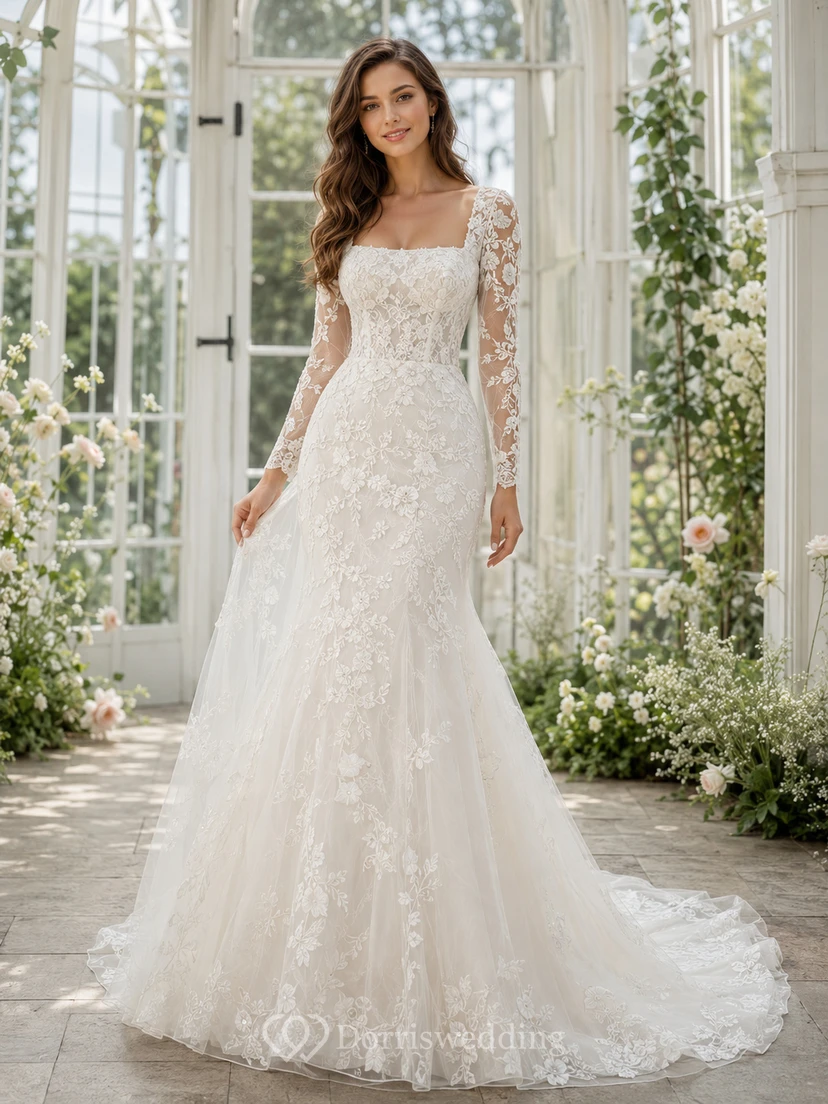 Romantic Square Neck Lace Wedding Mermaid Illusion Long Sleeves Chapel Train