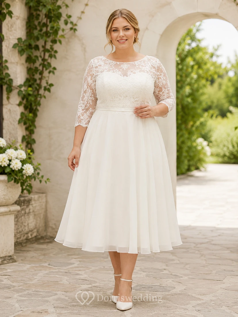 Robe de confirmation ivoire grande taille, coupe bateau, trois-quarts, en mousseline de soie et dentelle, longueur thé.
