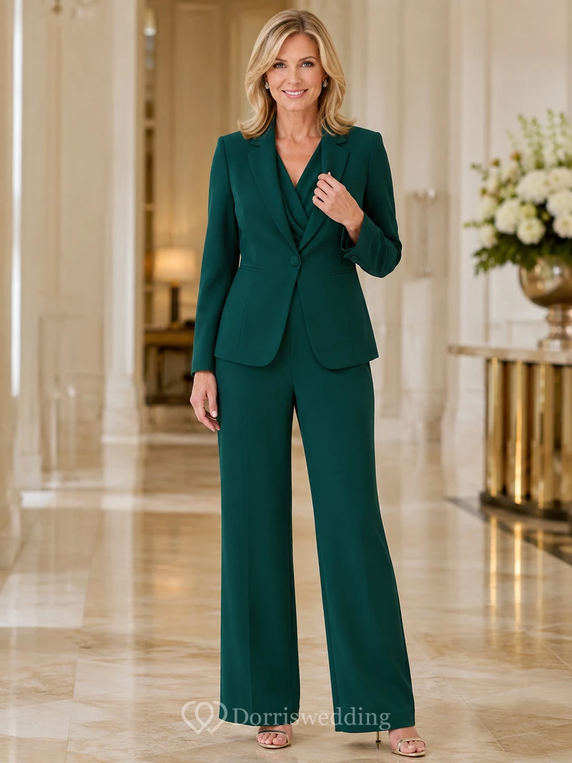 Dark Green Mother Jumpsuit with V-Neck Tailored Blazer Jacket and Wide Leg Pants