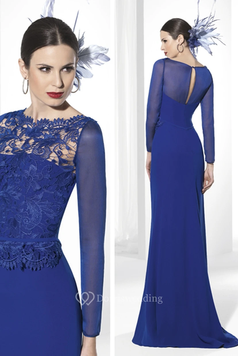 Jersey-Abendkleid mit Rundhalsausschnitt, bodenlang, appliziert und langärmelig view 2