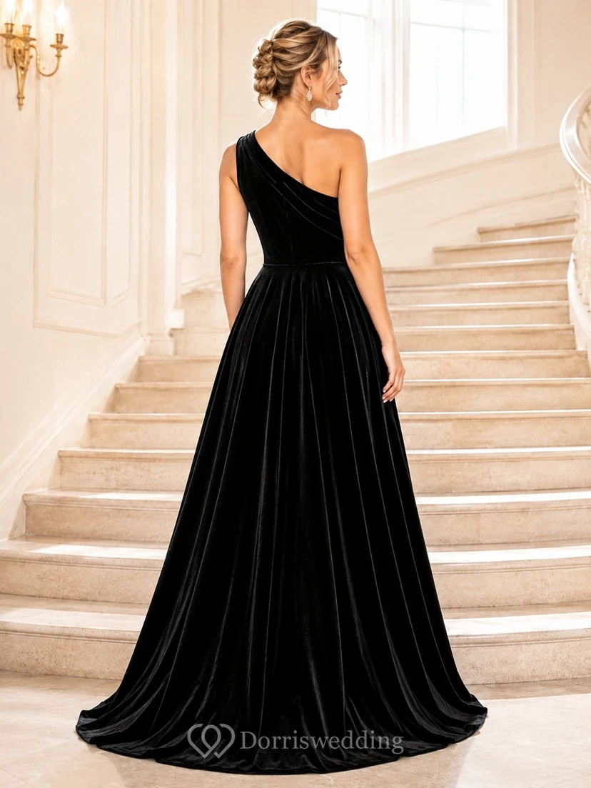 Black Velvet One Shoulder Sleeveless Draped A-Line Floor Length Sweep Train Formal Gown view 2