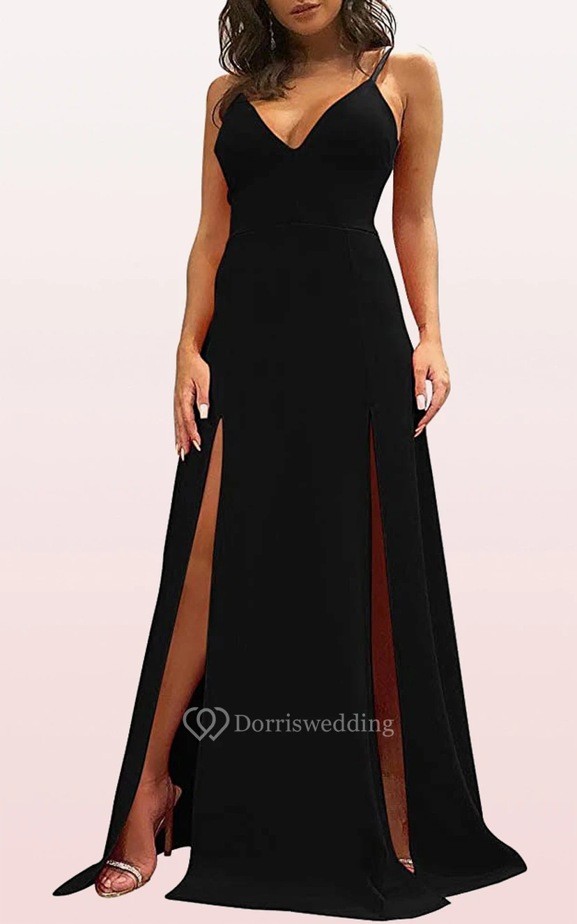 Casual Satin V-neck A Line Sleeveless Prom Dress With Split Front view 2