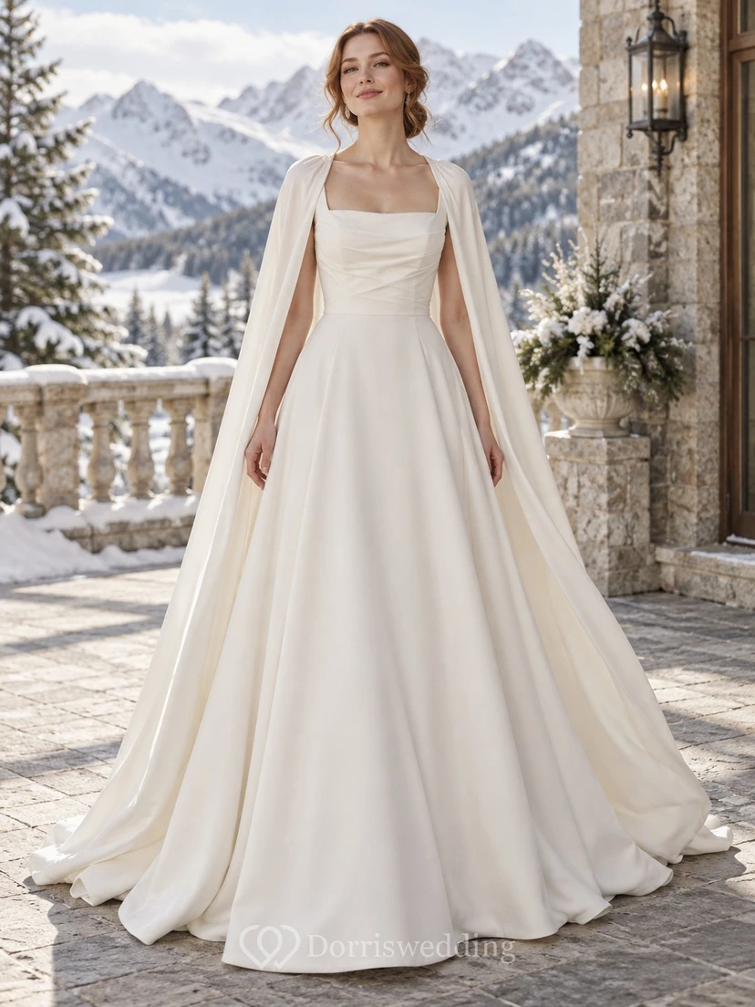 Schlichtes, eckiges Winter-Brautkleid mit gerafftem Oberteil und drapiertem Cape in A-Linie