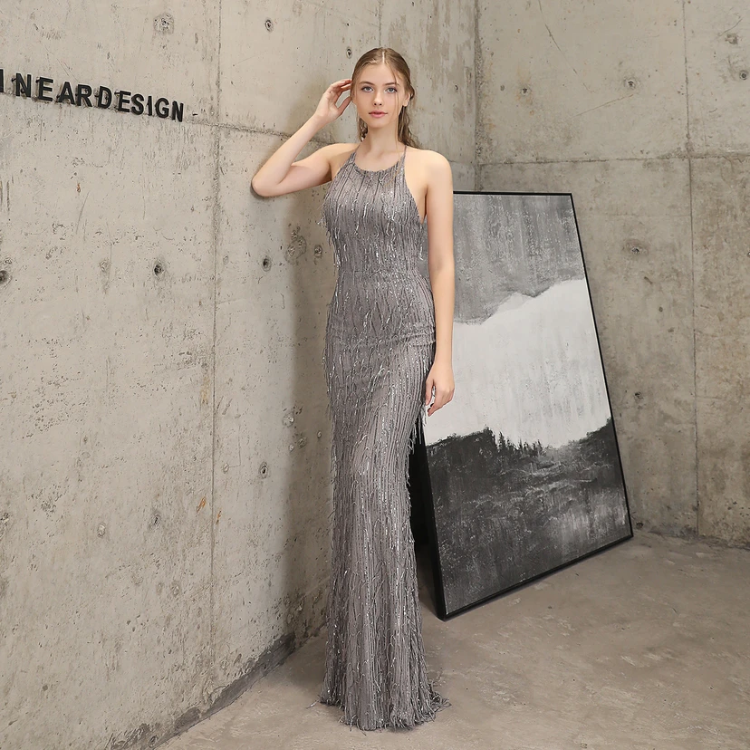 Vestido de noche elegante con borla de hilo de seda de poliéster y lentejuelas estilo cola de pez para banquetes, reuniones y eventos. Ideal para anfitriones. Modelo de coche. Otoño. view 24