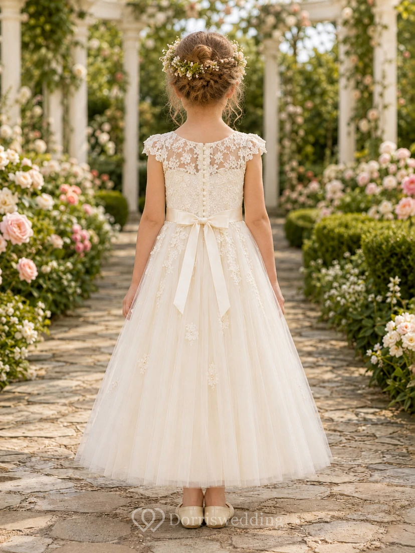 Blumenmädchenkleid aus elfenbeinfarbener Spitze und Tüll, A-Linie, kurze Ärmel, Rundhalsausschnitt, Teelänge, Schärpendetails view 2