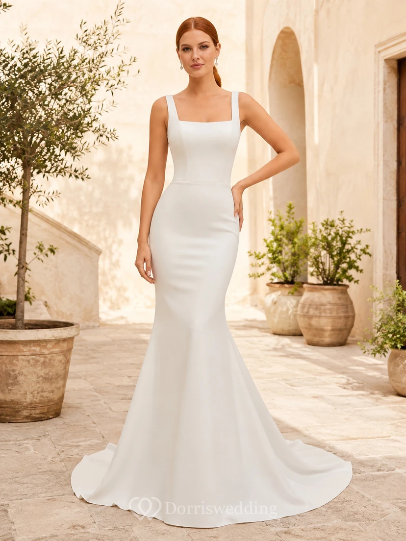 Brautkleid aus Satin, A-Linie, trägerlos, mit Schleppe