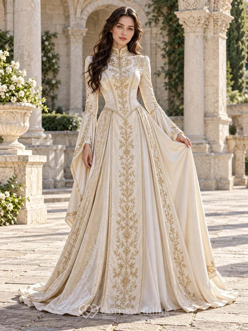 Vintage Medieval High Neck Long Sleeve Embroidered Satin Wedding Dress