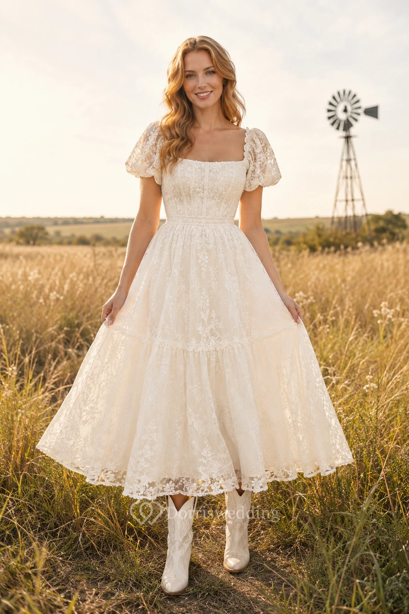Robe de mariée occidentale en dentelle mi-longue avec manches bouffantes
