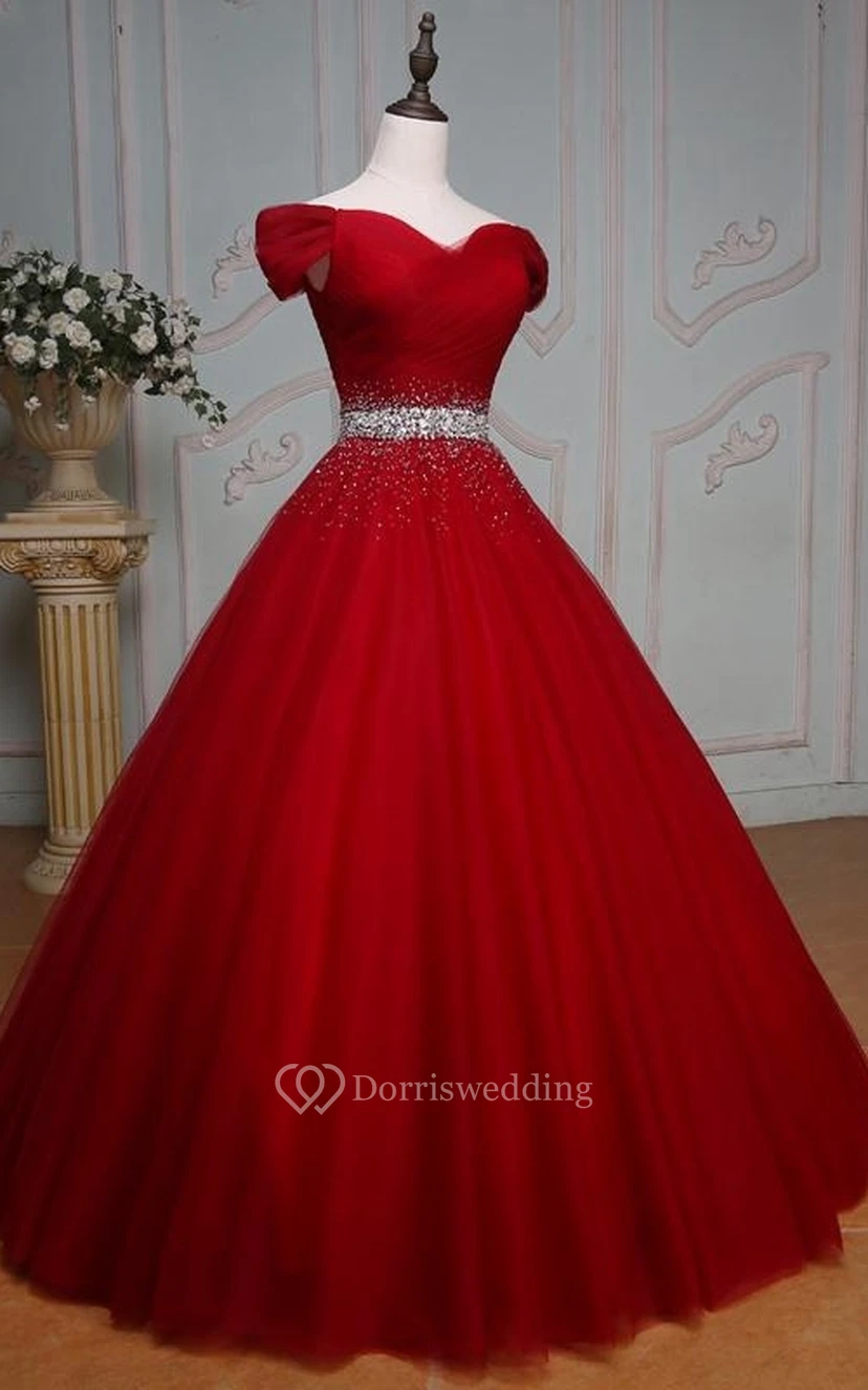 Ball Gown Maxi Off-The-Shoulder Sleeveless Bell Pleats Beading Corset Back Tulle Lace Dress view 13