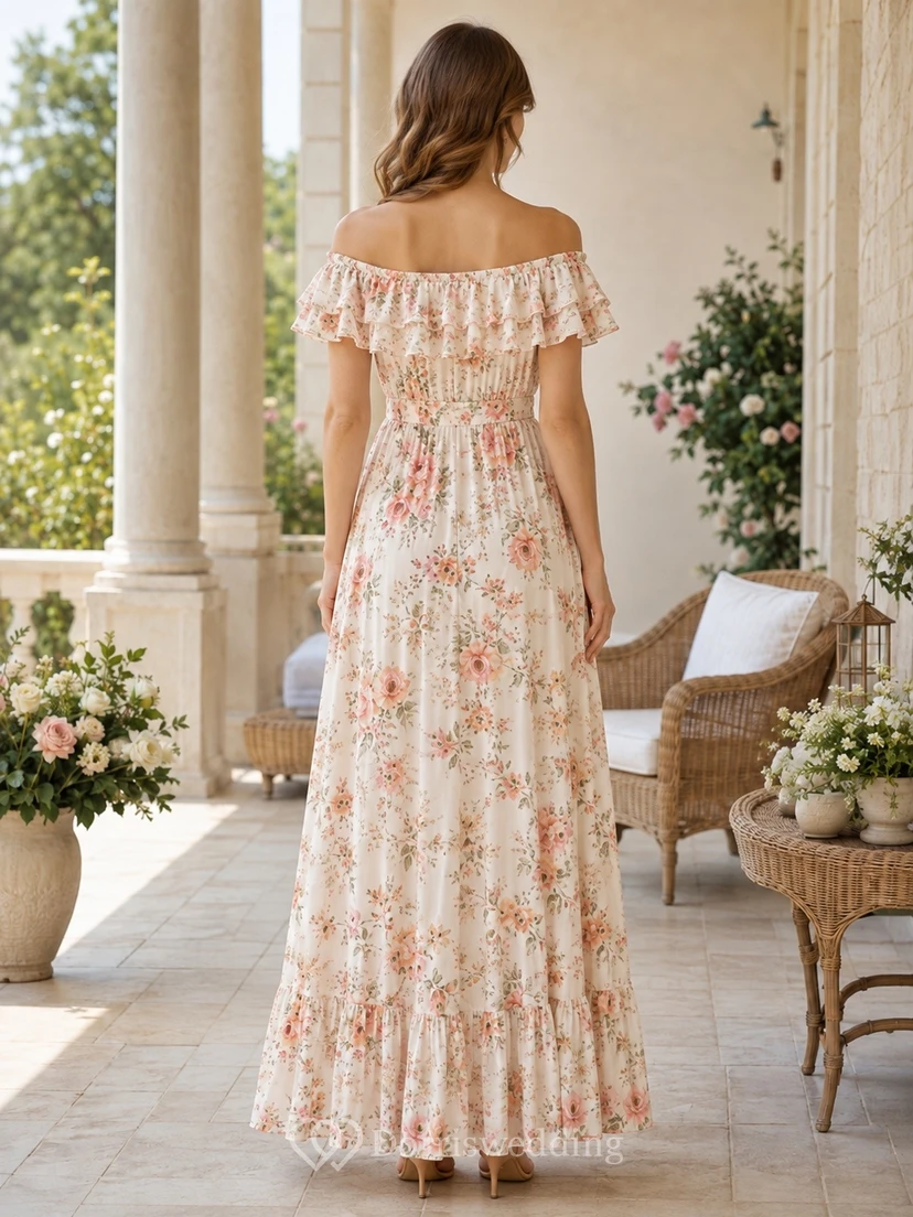 Vestido largo de gasa rosa empolvado con estampado floral, escote Bardot y manga corta, corte en A. view 2