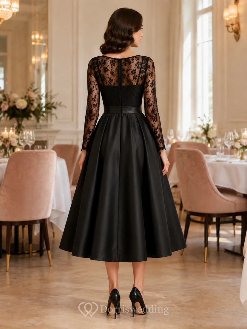 Robe de cocktail/thé modeste à manches longues en dentelle illusion noire view 2