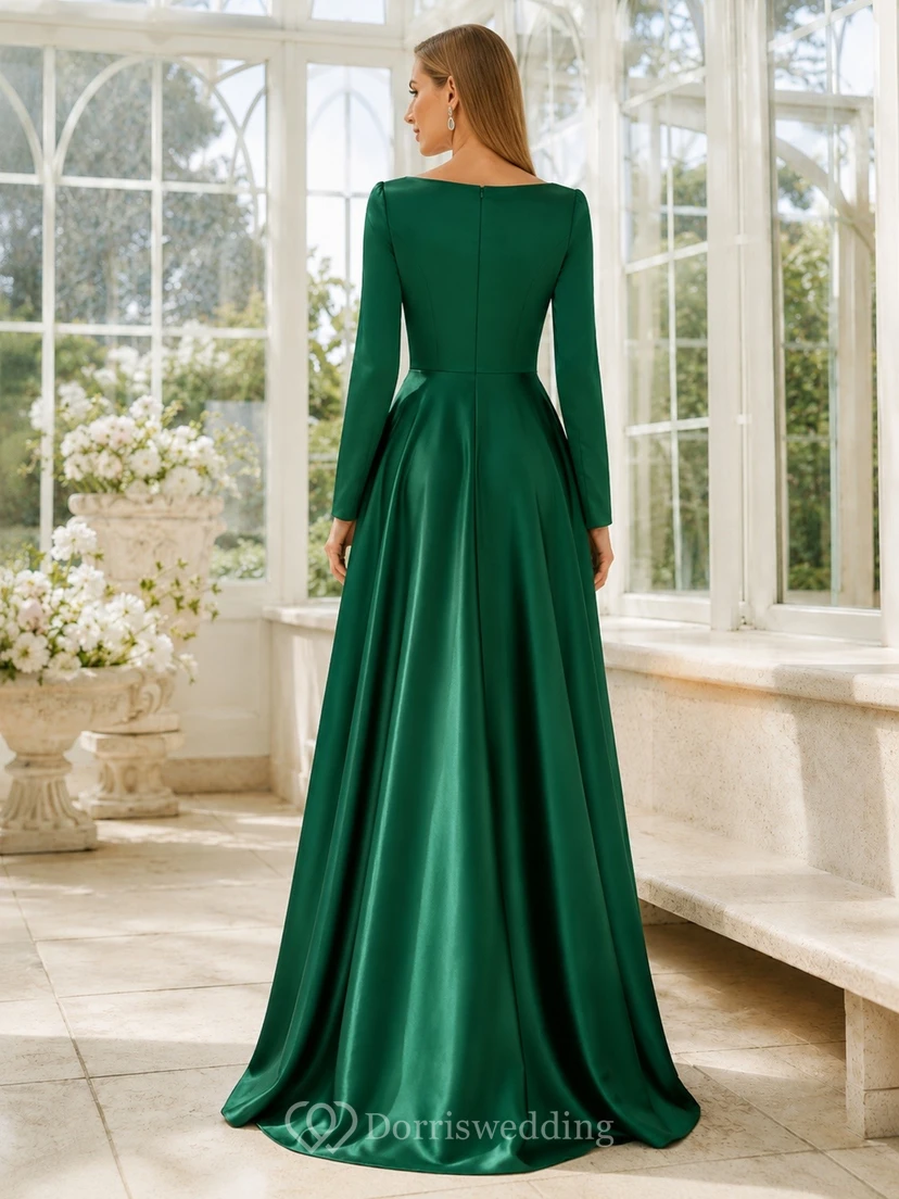 Dark Green Square Neck Long Sleeve Satin Floor-Length Evening Dress view 2