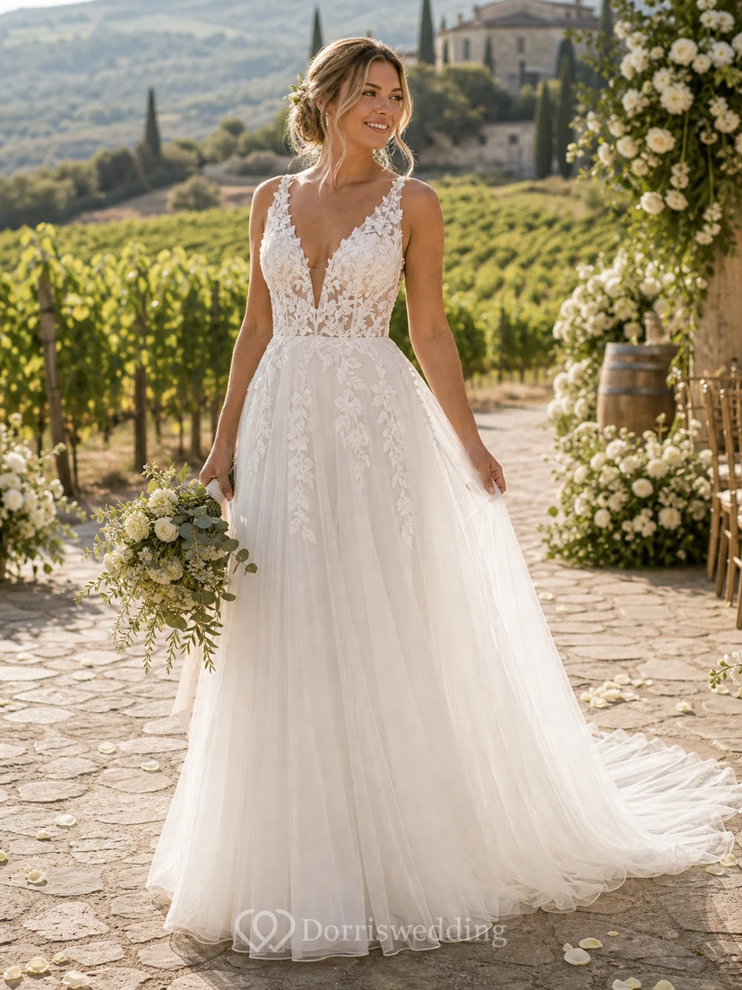 Sexy Boho-Brautkleid im Landhausstil mit V-Ausschnitt, ärmellos, A-Linie, Empire-Schnitt und Illusion-Schnitt aus Tüll – weiß view 10