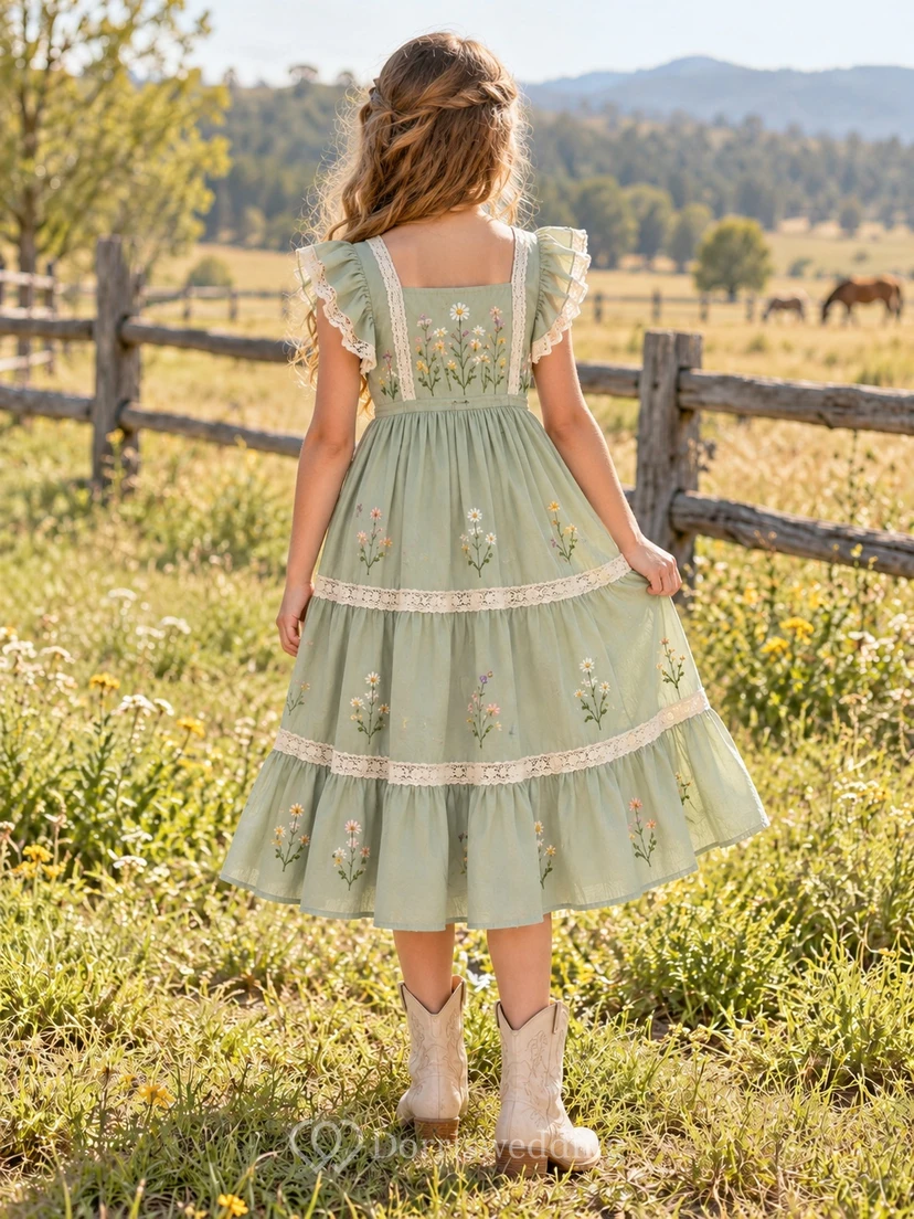 Western Sage Floral Flutter Sleeve Lace Trim Flower Girl Dress view 2