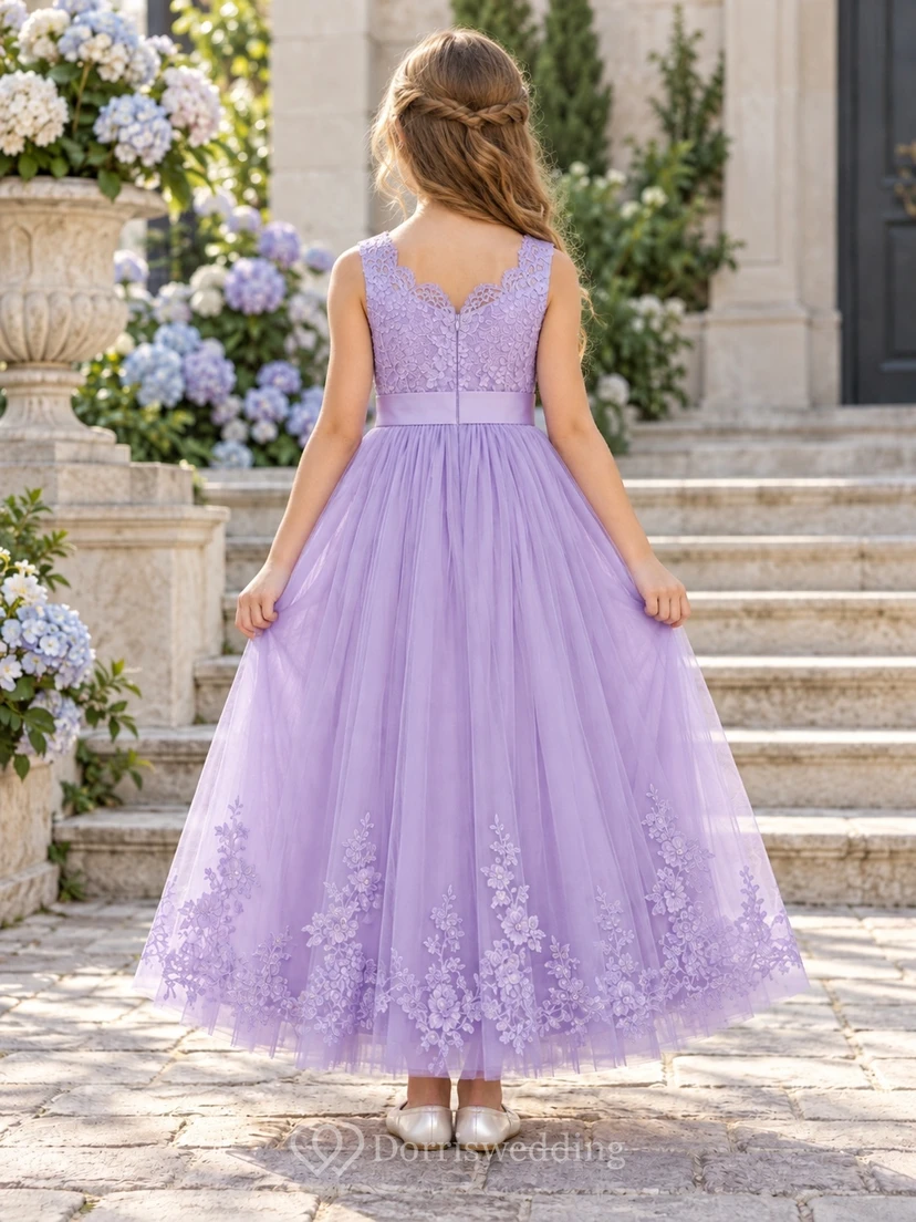 Lavender Sleeveless Sweetheart Scalloped Lace Ankle-length A-Line Tulle Floral Hem Satin Bow Flowergirl Dress view 2
