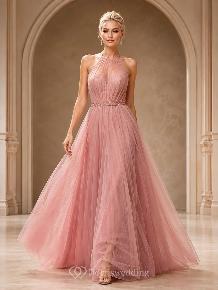 Dusty Rose High Neck Sleeveless Pleated Tulle Ball Gown Prom Dress