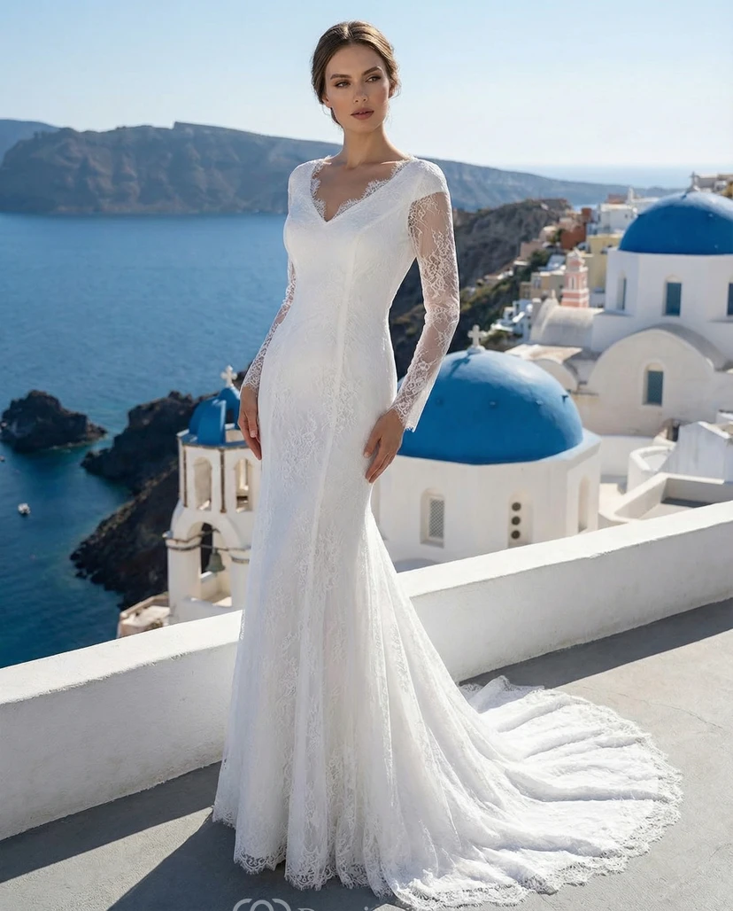 Robe de mariée bohème courte en dentelle à manches longues avec traîne