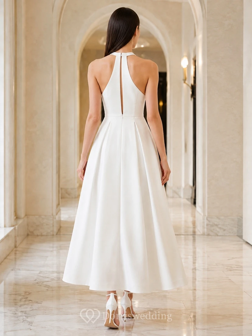 Weißes, ärmelloses Satin-Midikleid mit Neckholder und gekreuztem Rückenausschnitt, A-Linien-Schnitt view 2