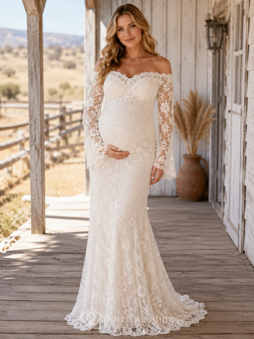 Robe de mariée sirène à épaules dénudées, manches longues en dentelle et traîne, style western, pour femme enceinte.