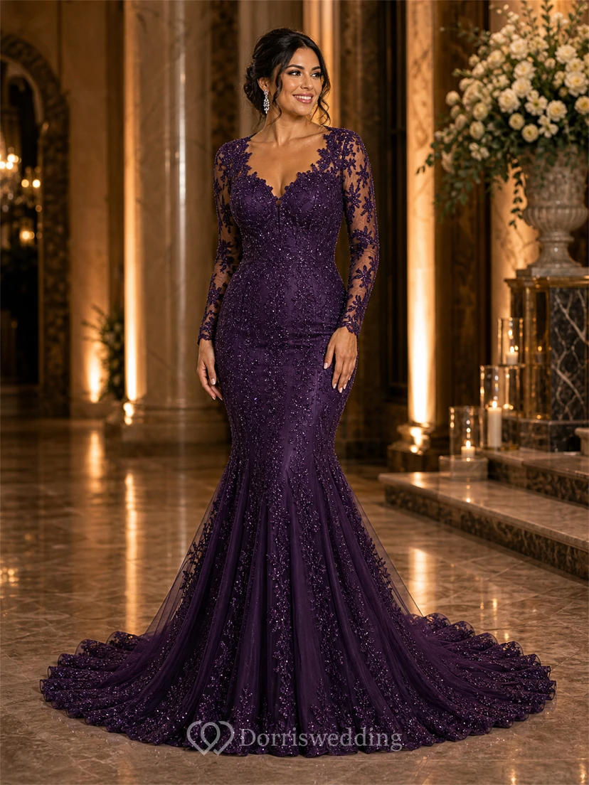 Vestido de novia de sirena de encaje negro de manga larga view 9