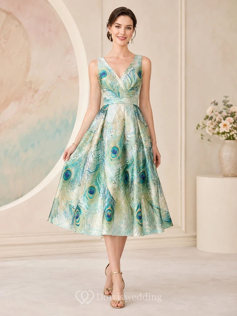 Peacock Cocktail Dress A-Line Printed V-Neck Sleeveless Tea-Length Vintage Party Style