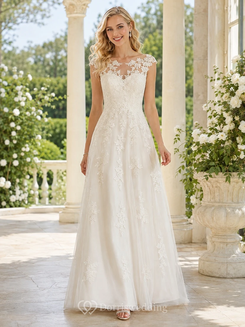 Romantisches Brautkleid in A-Linie mit Illusionsspitze, Schmuckapplikationen und kurzen Ärmeln, bodenlang
