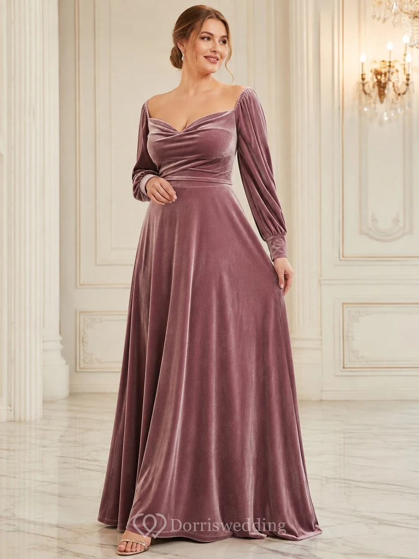Vintage Mauve Cowl Neck Long Sleeve Velvet A-Line Floor-Length Dinner Dress