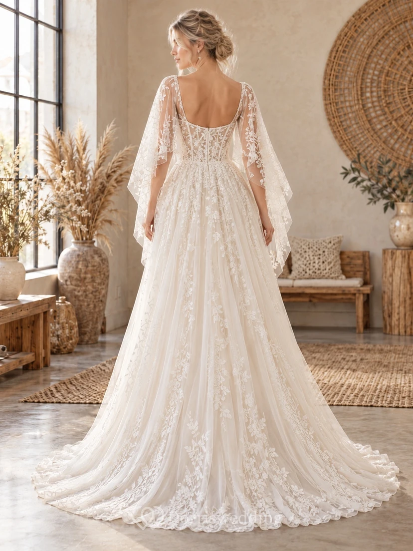 Boho Country Sweetheart Cape Sleeve Floral Lace A-line Wedding Dress view 2