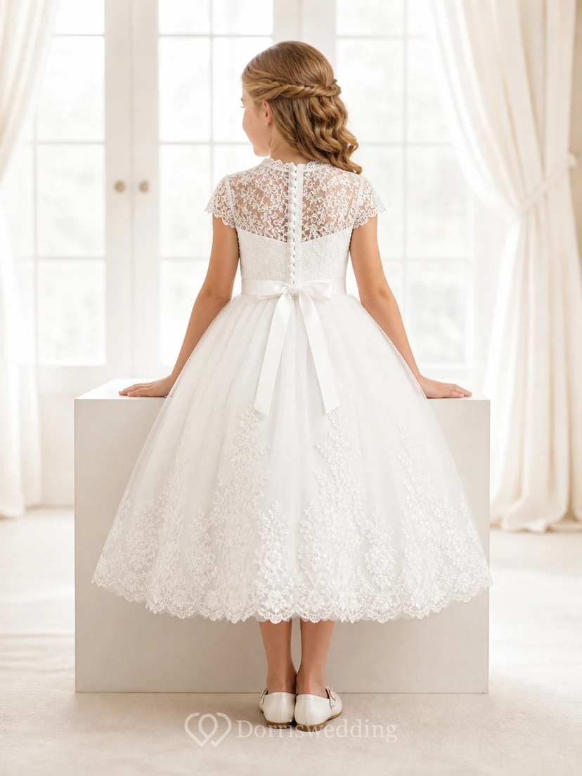 Modest Tea-length Ball Gown High Neck Cap Sleeve Lace Flowergirl Dress view 2