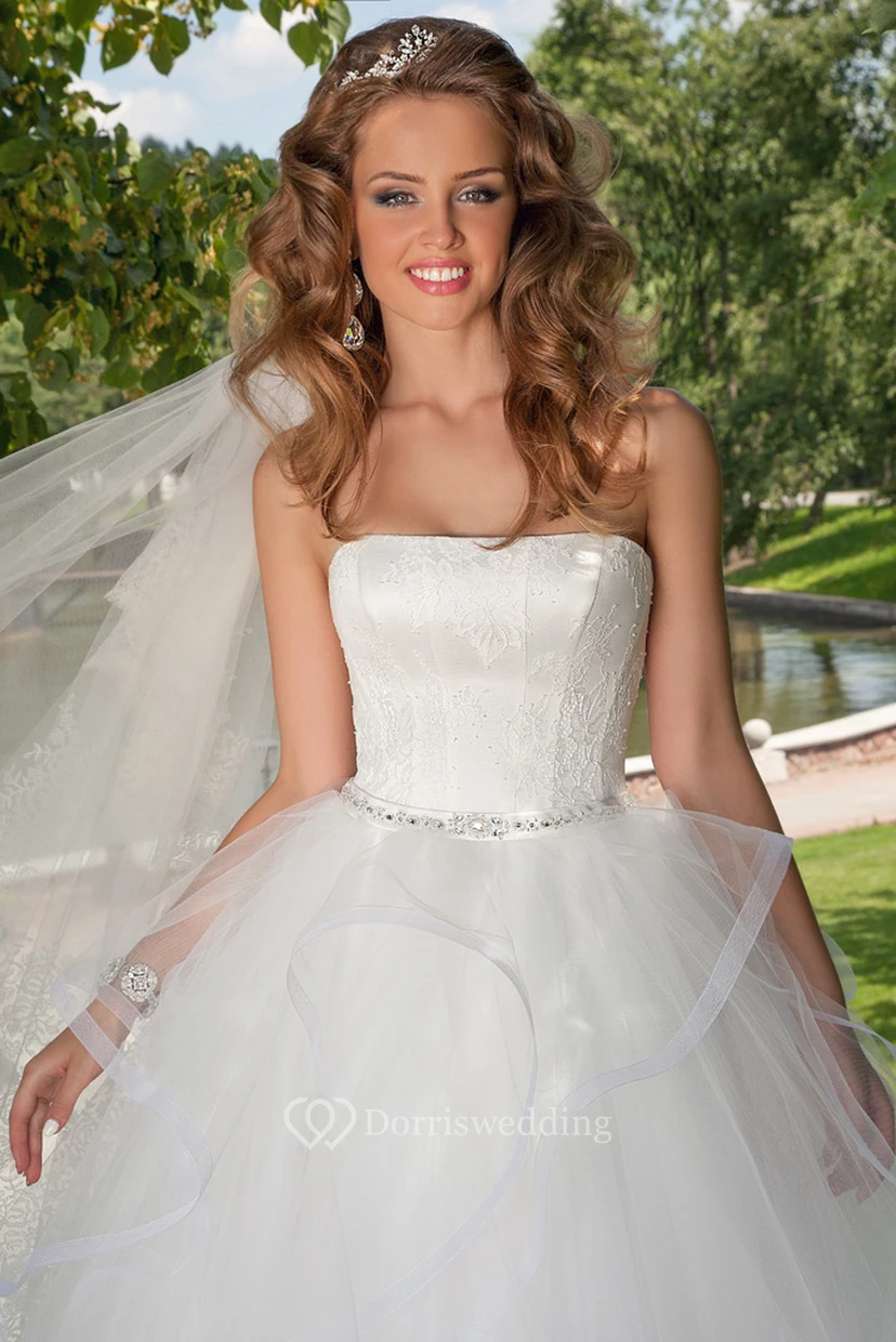 Long Strapless Appliqued Draped Tulle Wedding Dress view 3