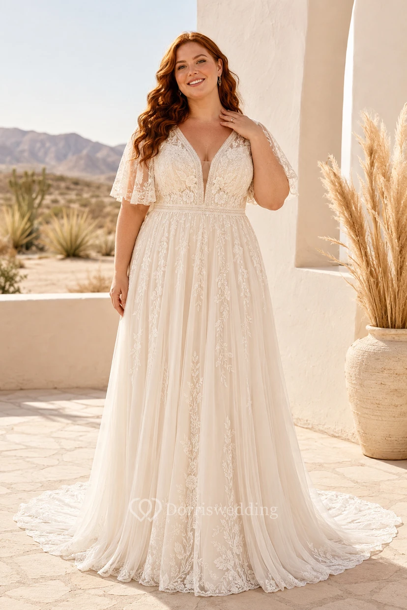 Plus Size Brautkleid in A-Linie mit V-Ausschnitt, kurzen Ärmeln und Schlüssellochausschnitt am Rücken