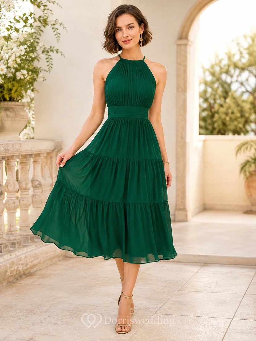 Emerald Halter Sleeveless Tiered Tulle Midi Dress Evening