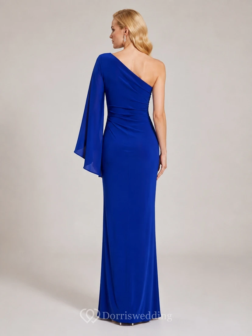 Royal Blue Jersey One-shoulder Long Sleeve Sheath Floor-length Bell Cape Modern Gown view 2