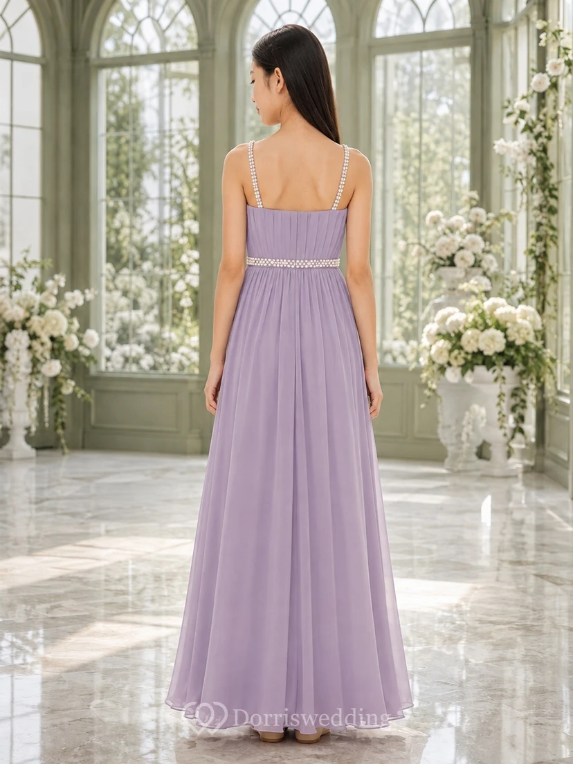 Lavendelfarbenes Brautjungfernkleid (A-Linie, Spaghettiträger, ärmellos) mit Perlenstickerei view 2