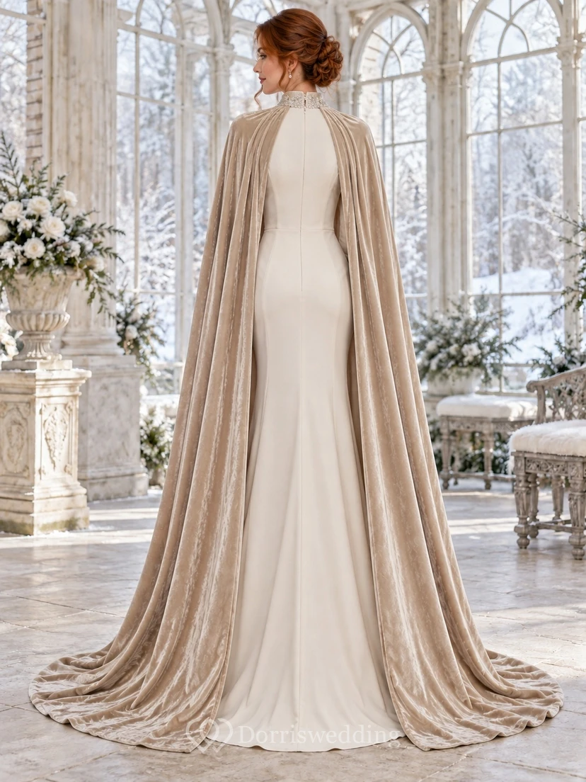 Vestido de terciopelo tipo capa de manga larga estilo barco para bodas de invierno view 2