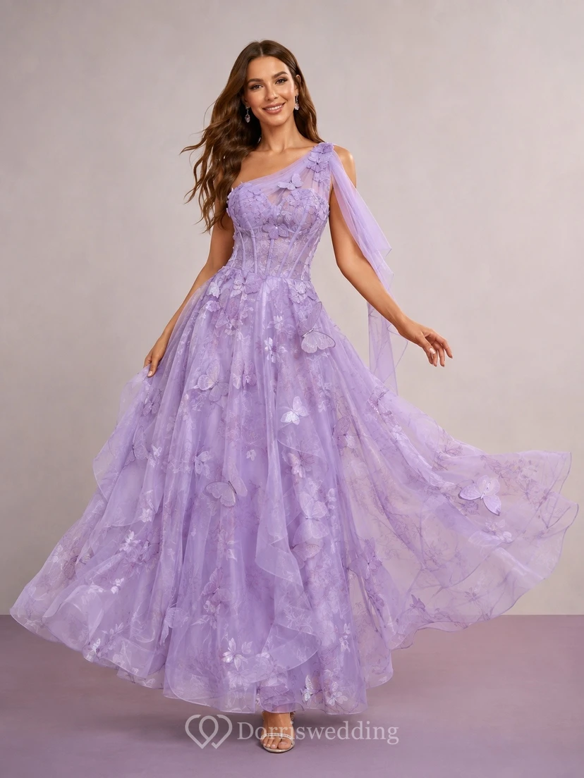 Lavender One-Shoulder Sleeveless Cascading Ruffle Tulle Prom Dress